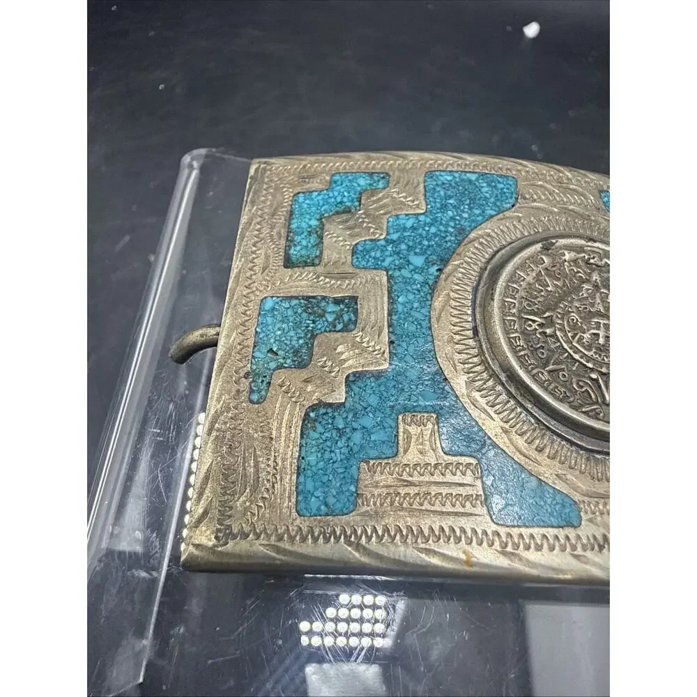 Vintage Mexican Aztec Calendar Turquoise Inlay Metal Southwestern Belt Buckle